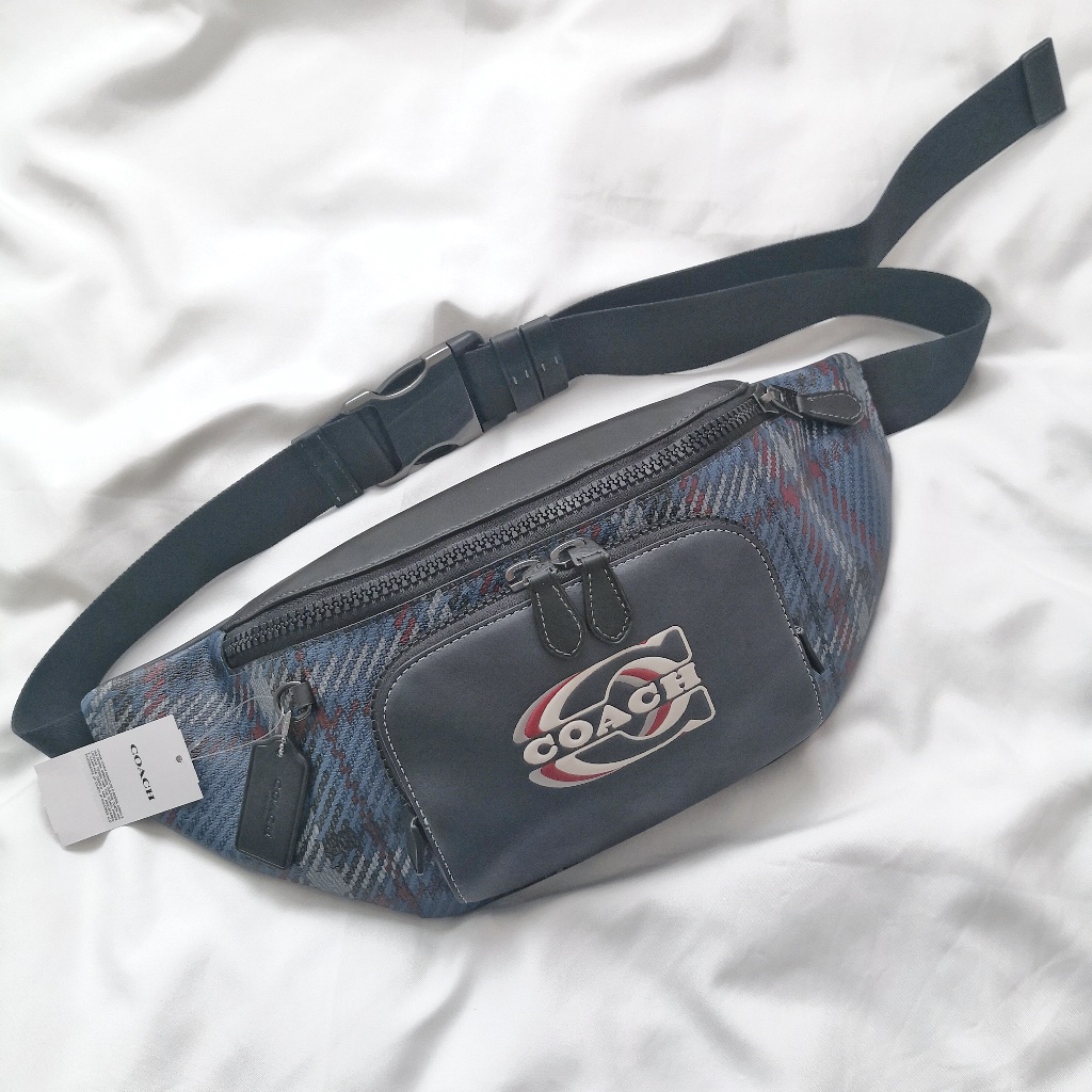 New Coach Track Belt Bag With Plaid Print And Coach Stamp Midnight Ch109 $378